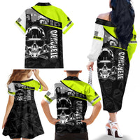 Concrete Finisher Skull on Site Family Matching Off Shoulder Long Sleeve Dress and Hawaiian Shirt - Wonder Print Shop
