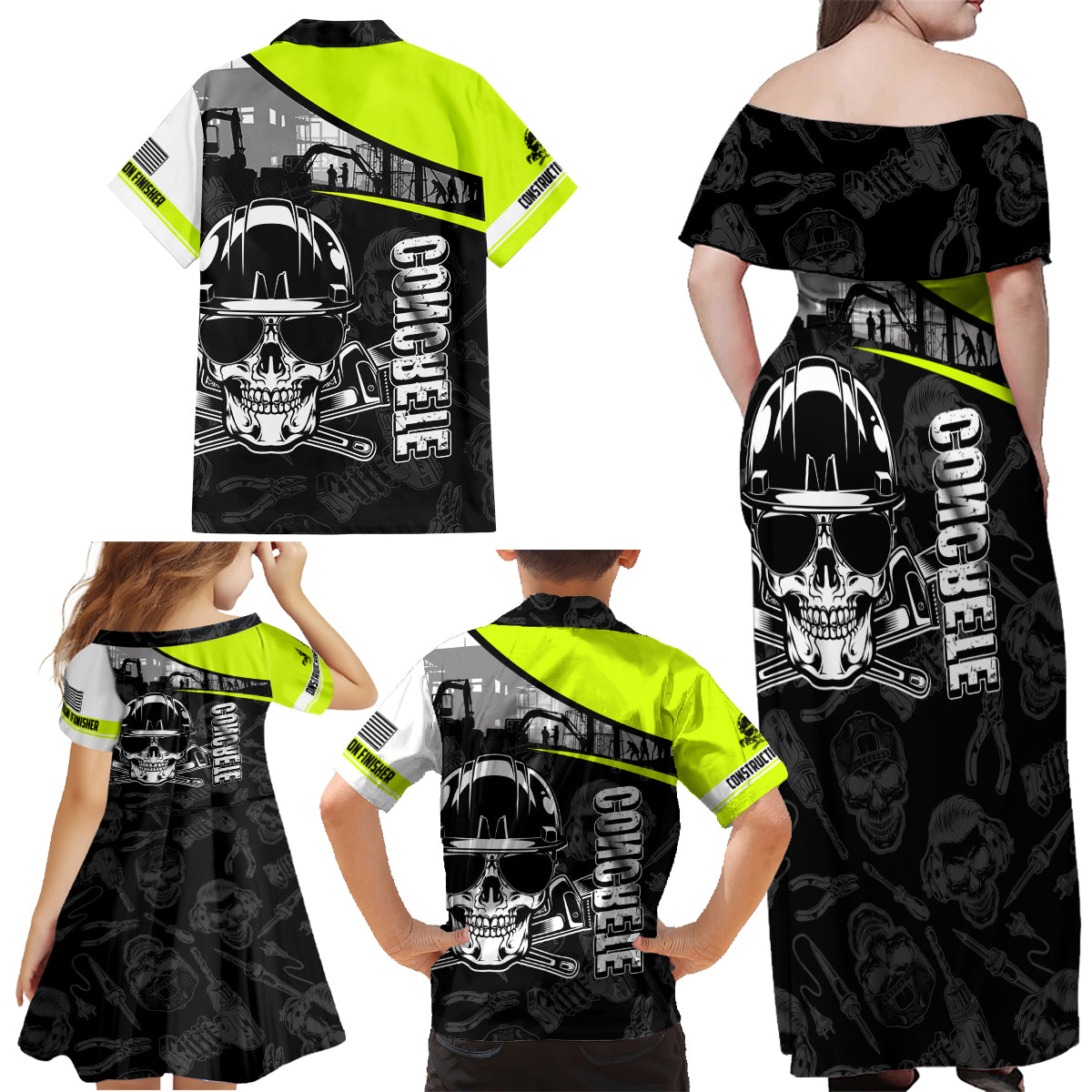 Concrete Finisher Skull on Site Family Matching Off Shoulder Maxi Dress and Hawaiian Shirt - Wonder Print Shop