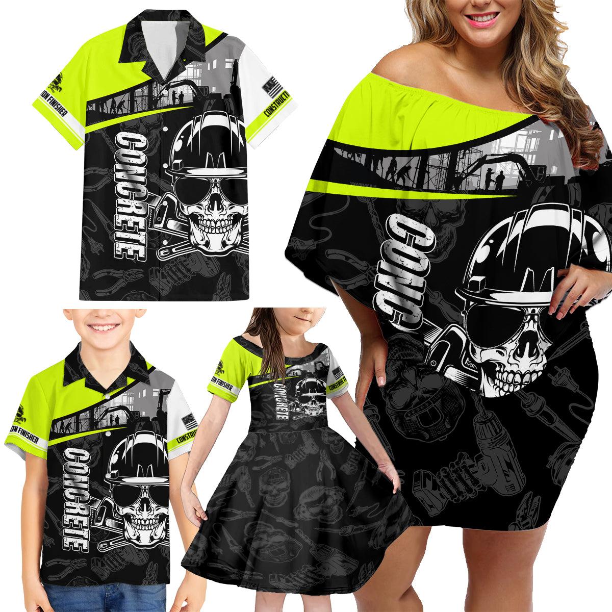 Concrete Finisher Skull on Site Family Matching Off Shoulder Short Dress and Hawaiian Shirt - Wonder Print Shop