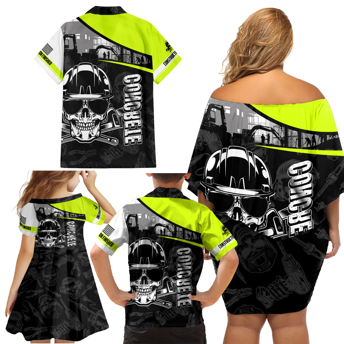 Concrete Finisher Skull on Site Family Matching Off Shoulder Short Dress and Hawaiian Shirt - Wonder Print Shop