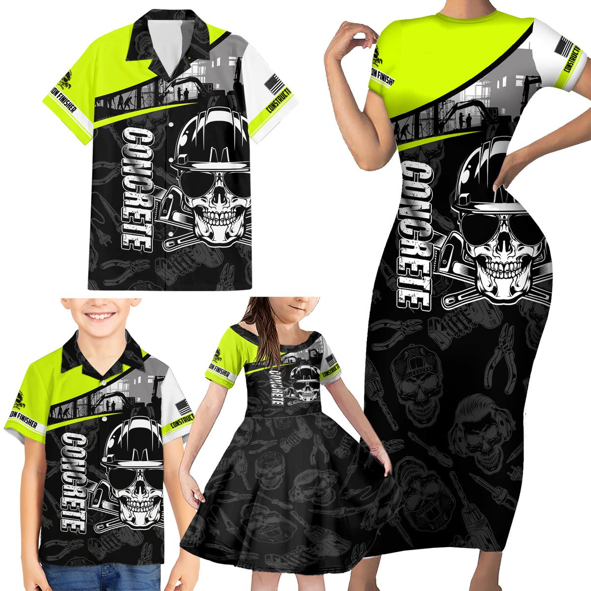 Concrete Finisher Skull on Site Family Matching Short Sleeve Bodycon Dress and Hawaiian Shirt - Wonder Print Shop