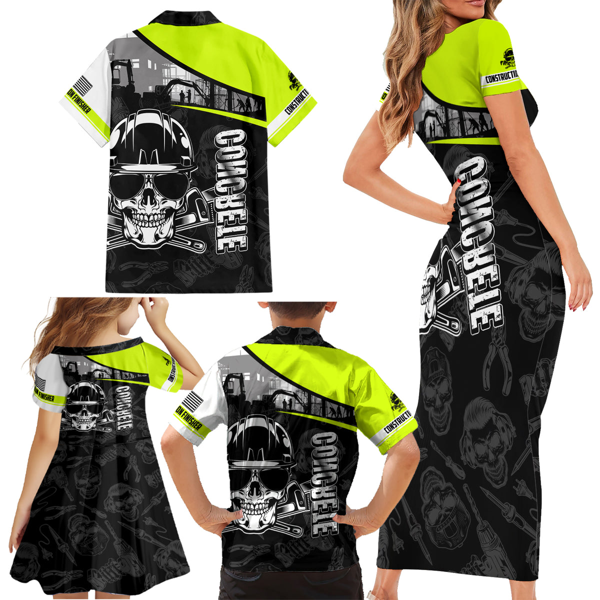 Concrete Finisher Skull on Site Family Matching Short Sleeve Bodycon Dress and Hawaiian Shirt - Wonder Print Shop