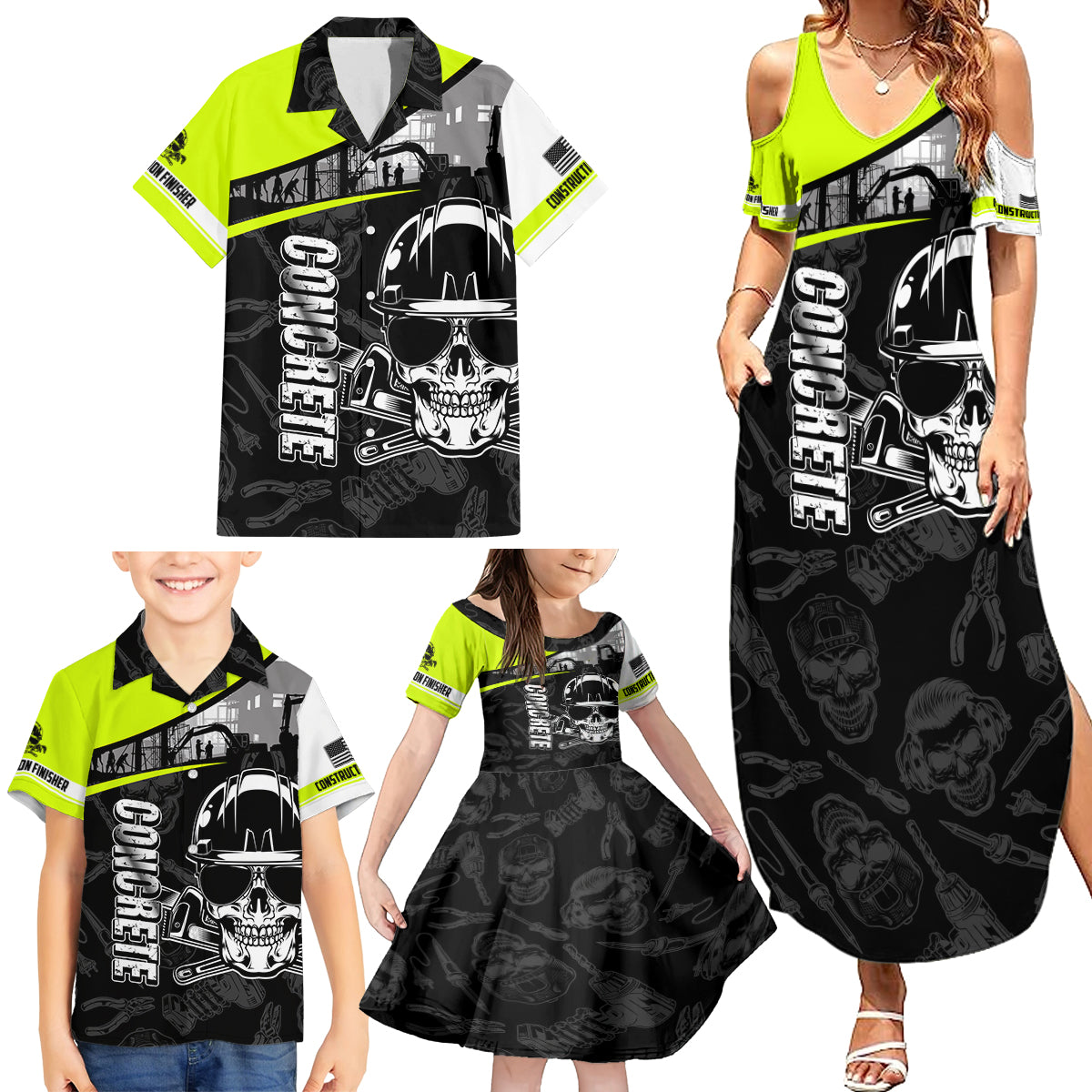 Concrete Finisher Skull on Site Family Matching Summer Maxi Dress and Hawaiian Shirt - Wonder Print Shop