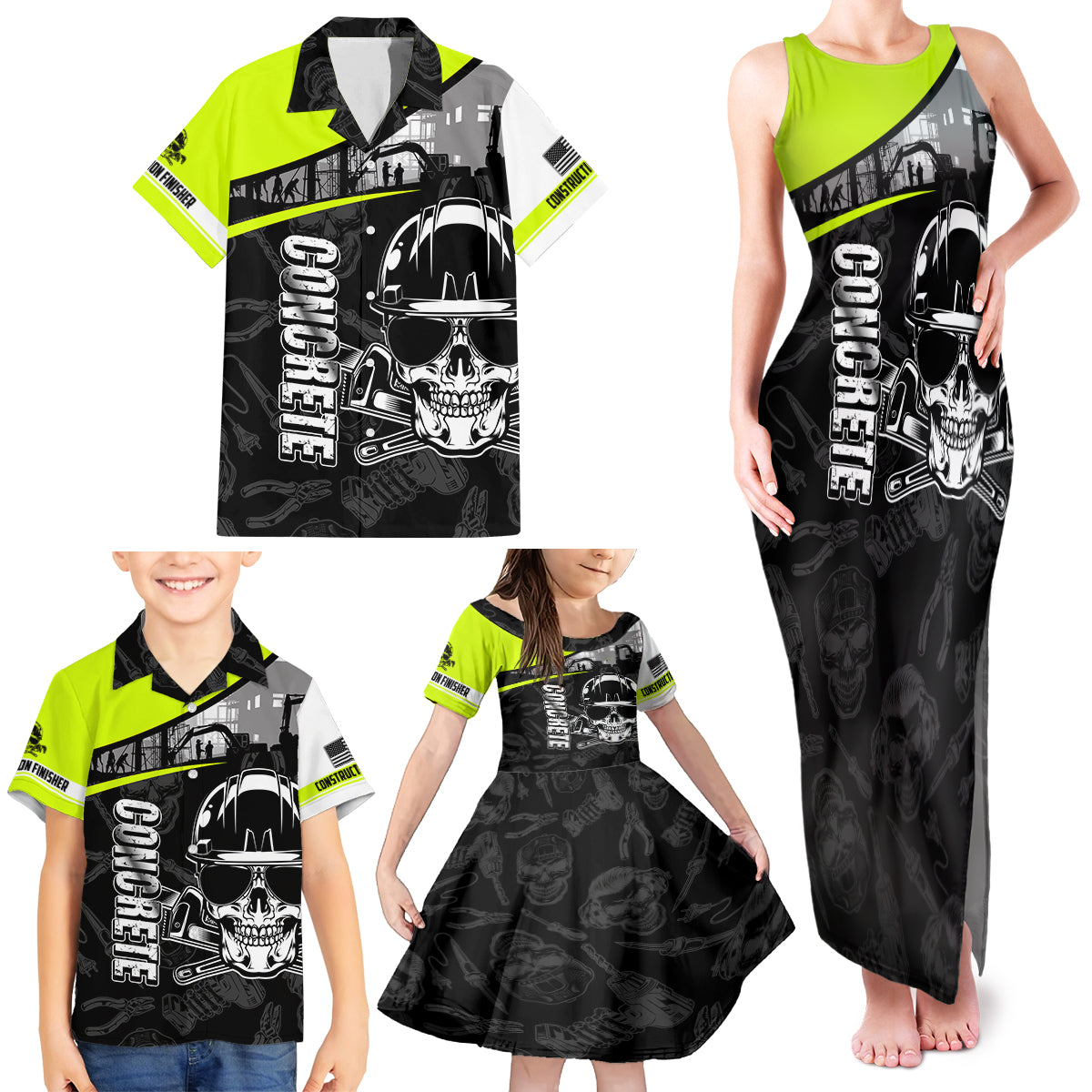 Concrete Finisher Skull on Site Family Matching Tank Maxi Dress and Hawaiian Shirt - Wonder Print Shop