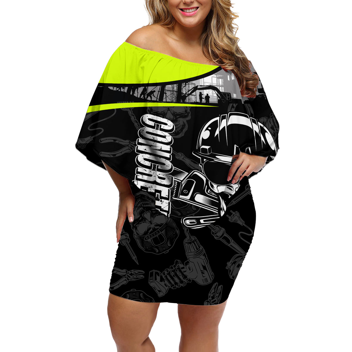 Concrete Finisher Skull on Site Off Shoulder Short Dress - Wonder Print Shop