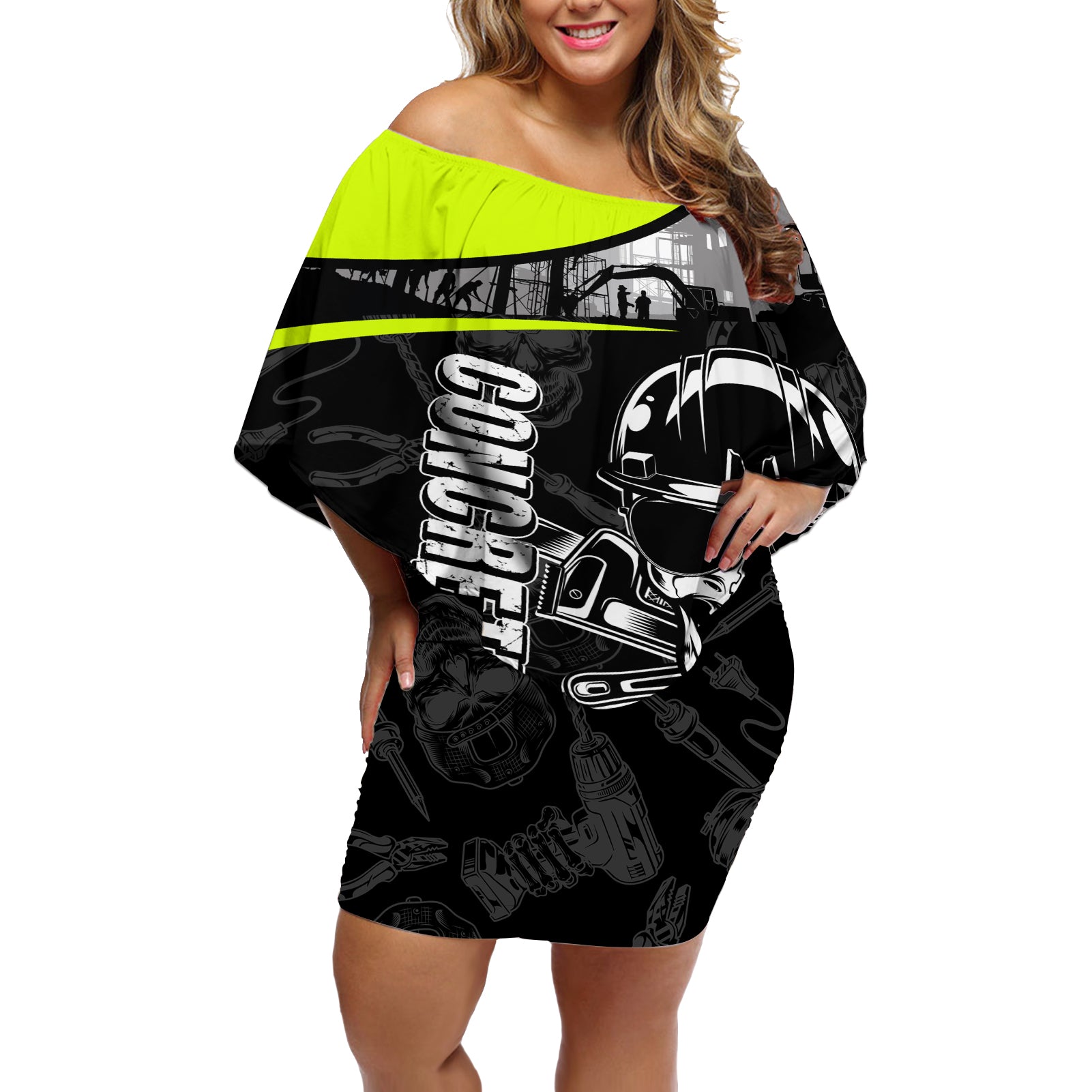 Concrete Finisher Skull on Site Off Shoulder Short Dress - Wonder Print Shop