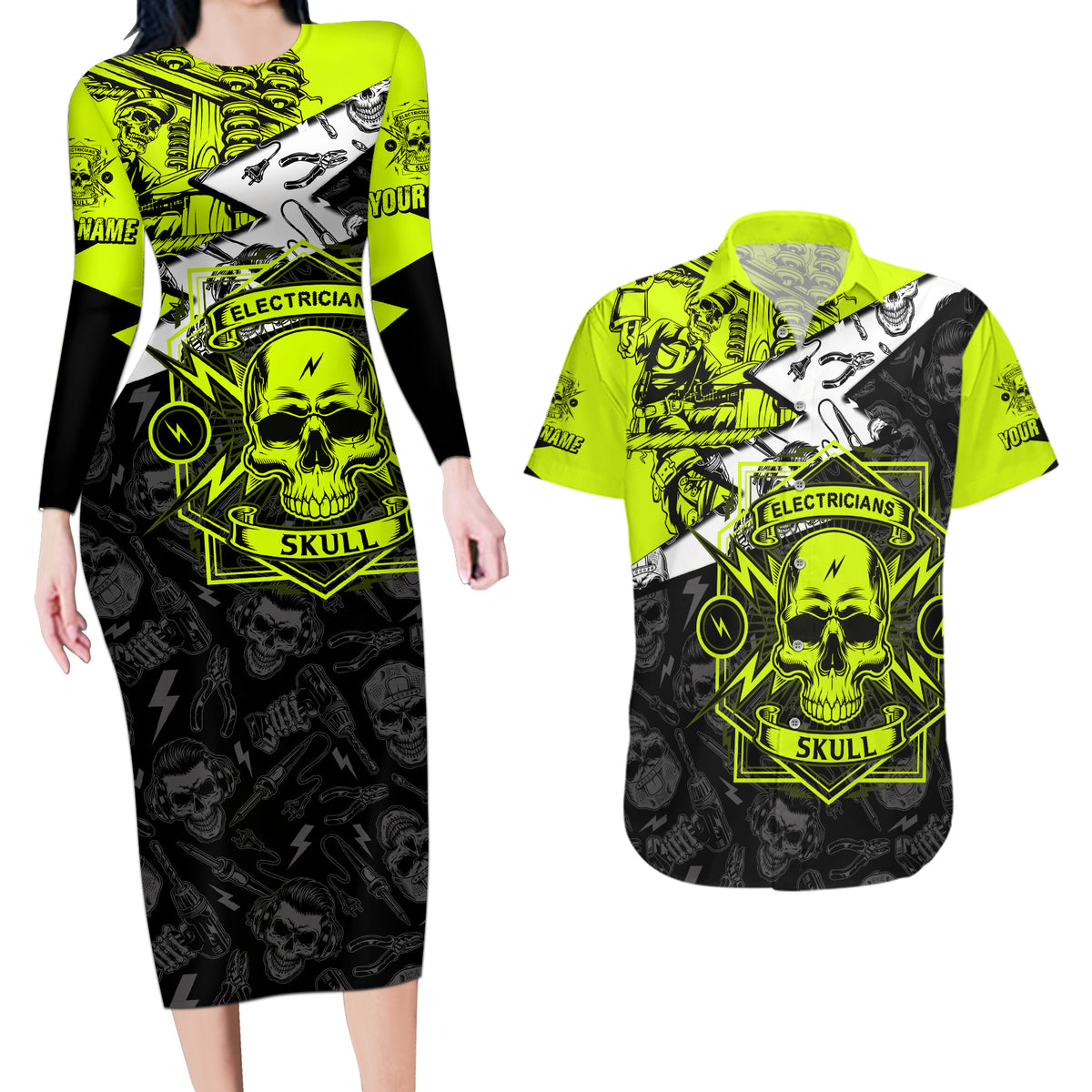 Personalised Electricians Skull Couples Matching Long Sleeve Bodycon Dress and Hawaiian Shirt - Wonder Print Shop