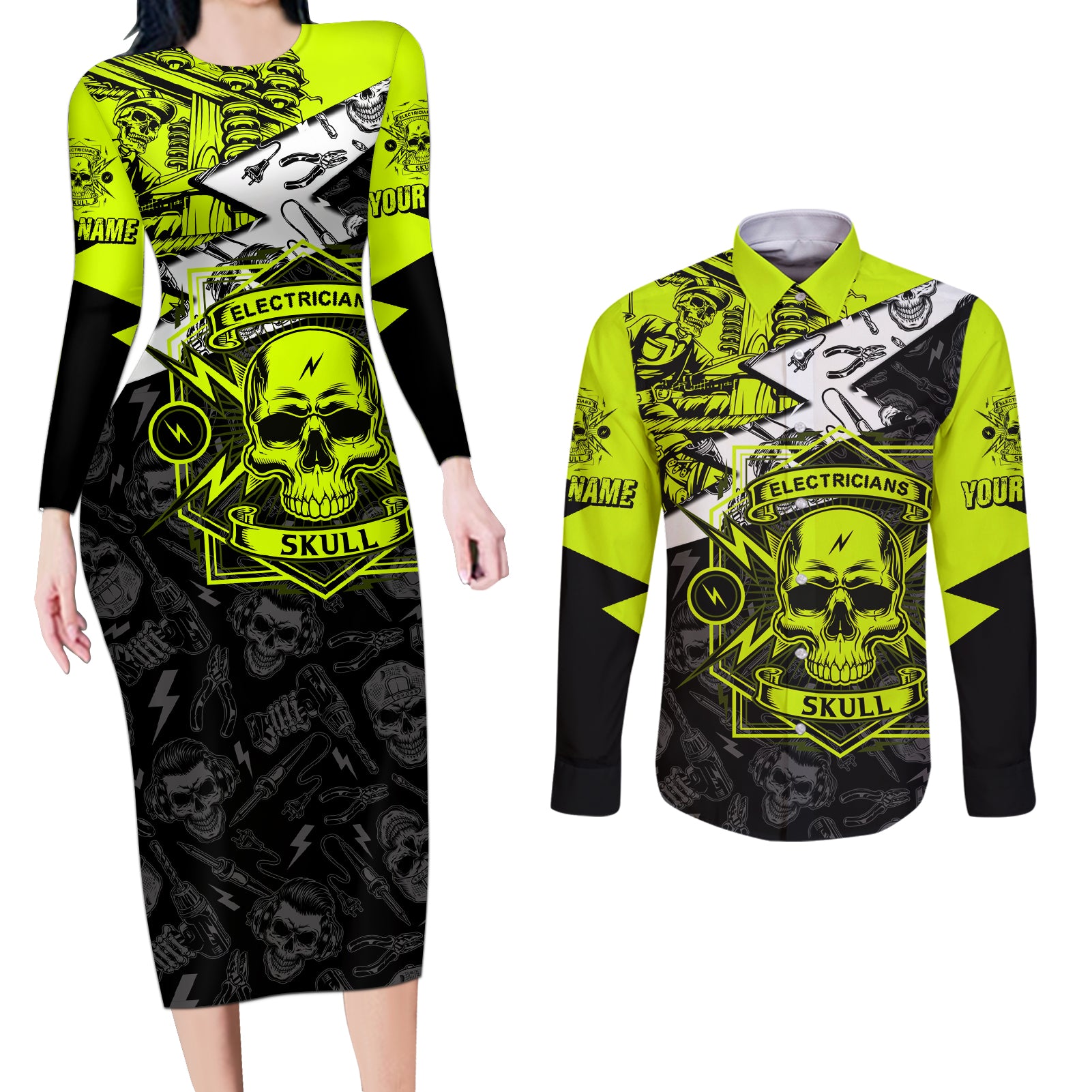 Personalised Electricians Skull Couples Matching Long Sleeve Bodycon Dress and Long Sleeve Button Shirts - Wonder Print Shop