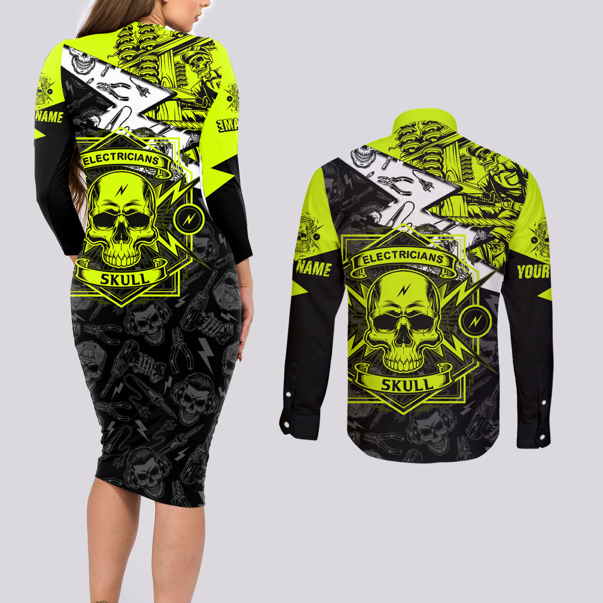 Personalised Electricians Skull Couples Matching Long Sleeve Bodycon Dress and Long Sleeve Button Shirts - Wonder Print Shop
