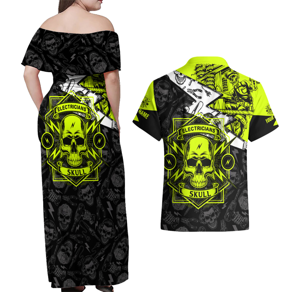 Personalised Electricians Skull Couples Matching Off Shoulder Maxi Dress and Hawaiian Shirt - Wonder Print Shop