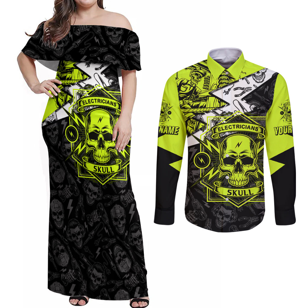 Personalised Electricians Skull Couples Matching Off Shoulder Maxi Dress and Long Sleeve Button Shirts - Wonder Print Shop