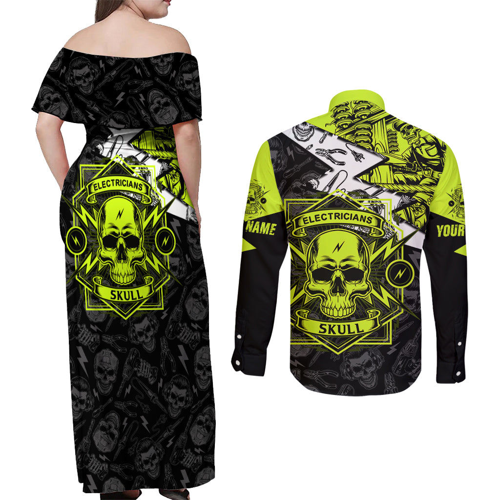 Personalised Electricians Skull Couples Matching Off Shoulder Maxi Dress and Long Sleeve Button Shirts - Wonder Print Shop