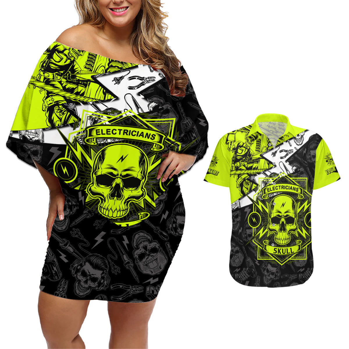 Personalised Electricians Skull Couples Matching Off Shoulder Short Dress and Hawaiian Shirt - Wonder Print Shop