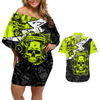 Personalised Electricians Skull Couples Matching Off Shoulder Short Dress and Hawaiian Shirt - Wonder Print Shop