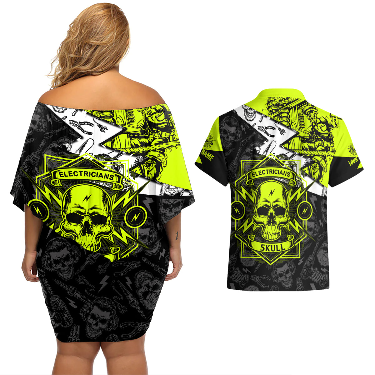 Personalised Electricians Skull Couples Matching Off Shoulder Short Dress and Hawaiian Shirt - Wonder Print Shop