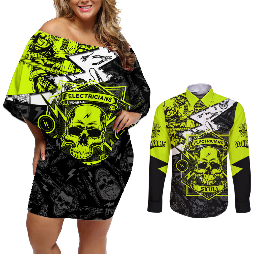 Personalised Electricians Skull Couples Matching Off Shoulder Short Dress and Long Sleeve Button Shirts - Wonder Print Shop