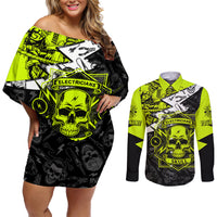 Personalised Electricians Skull Couples Matching Off Shoulder Short Dress and Long Sleeve Button Shirts - Wonder Print Shop
