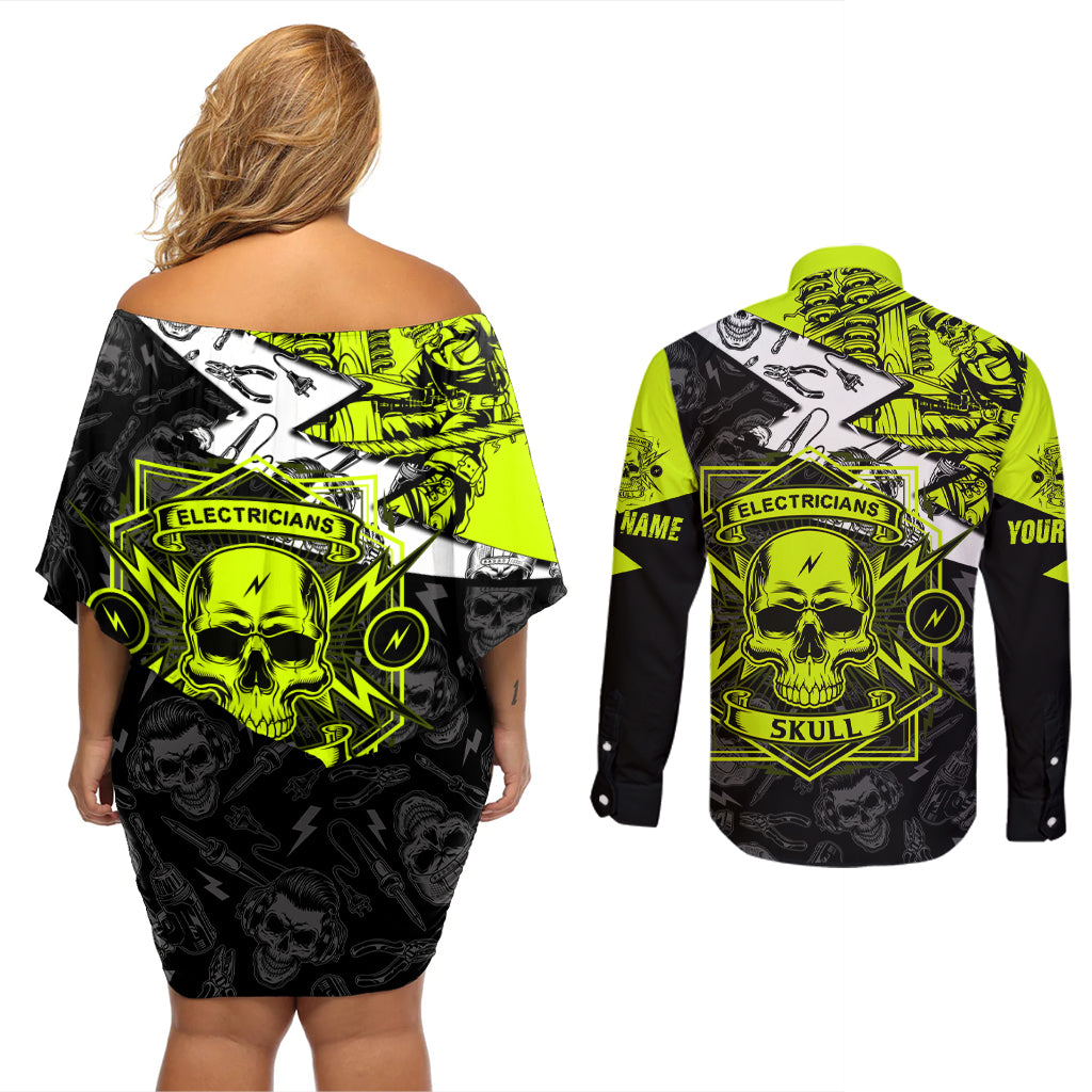 Personalised Electricians Skull Couples Matching Off Shoulder Short Dress and Long Sleeve Button Shirts - Wonder Print Shop