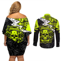 Personalised Electricians Skull Couples Matching Off Shoulder Short Dress and Long Sleeve Button Shirts - Wonder Print Shop