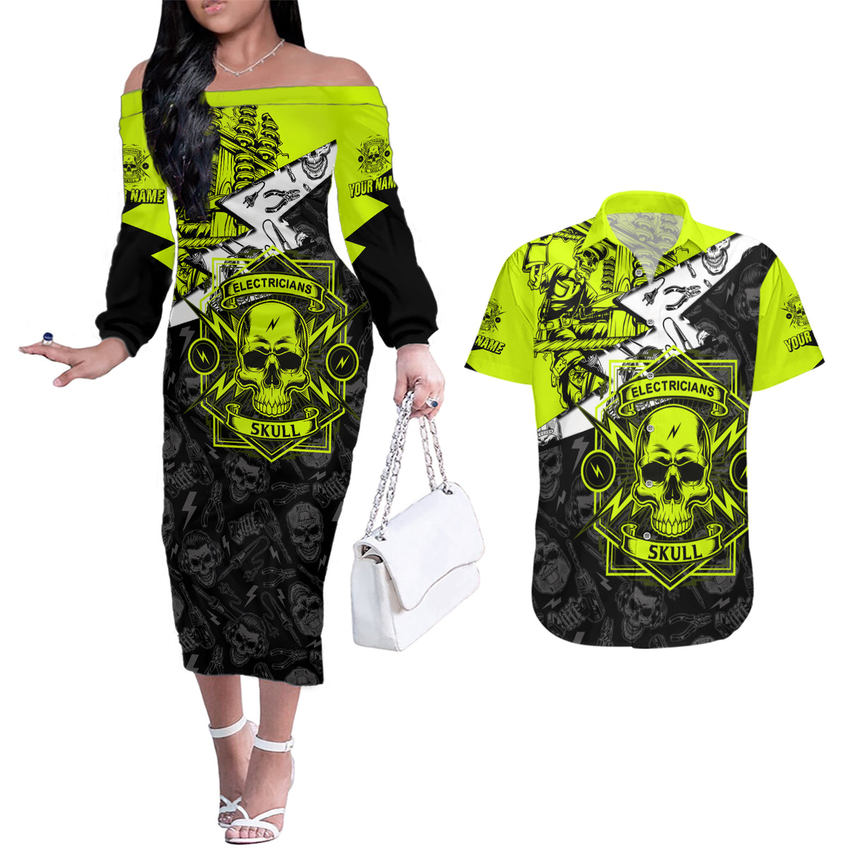 Personalised Electricians Skull Couples Matching Off The Shoulder Long Sleeve Dress and Hawaiian Shirt - Wonder Print Shop