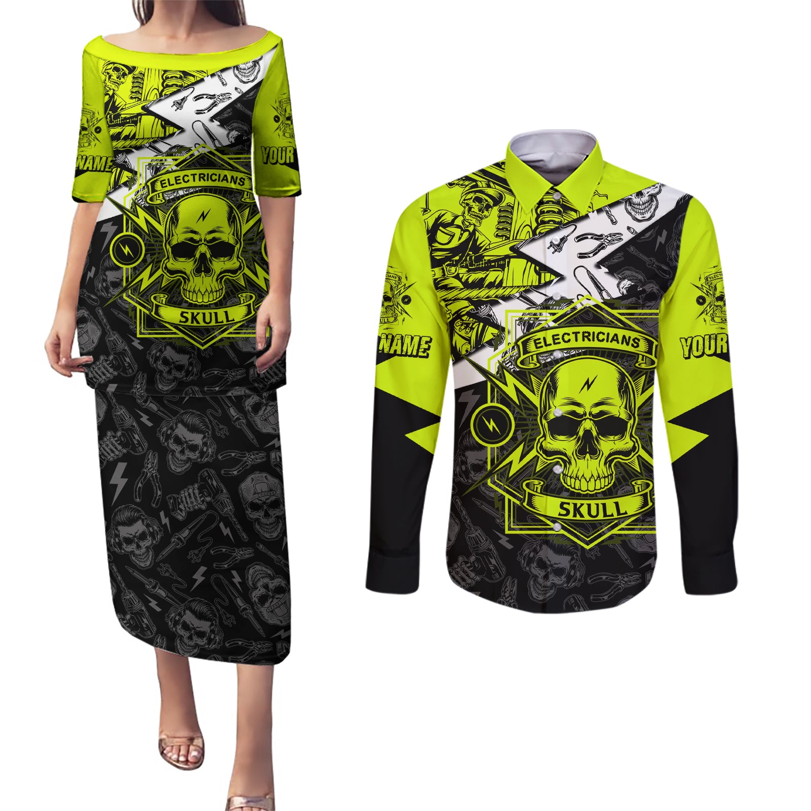 Personalised Electricians Skull Couples Matching Puletasi Dress and Long Sleeve Button Shirts - Wonder Print Shop