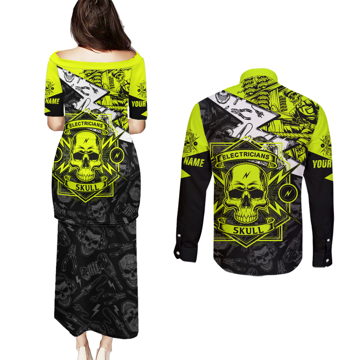 Personalised Electricians Skull Couples Matching Puletasi Dress and Long Sleeve Button Shirts - Wonder Print Shop