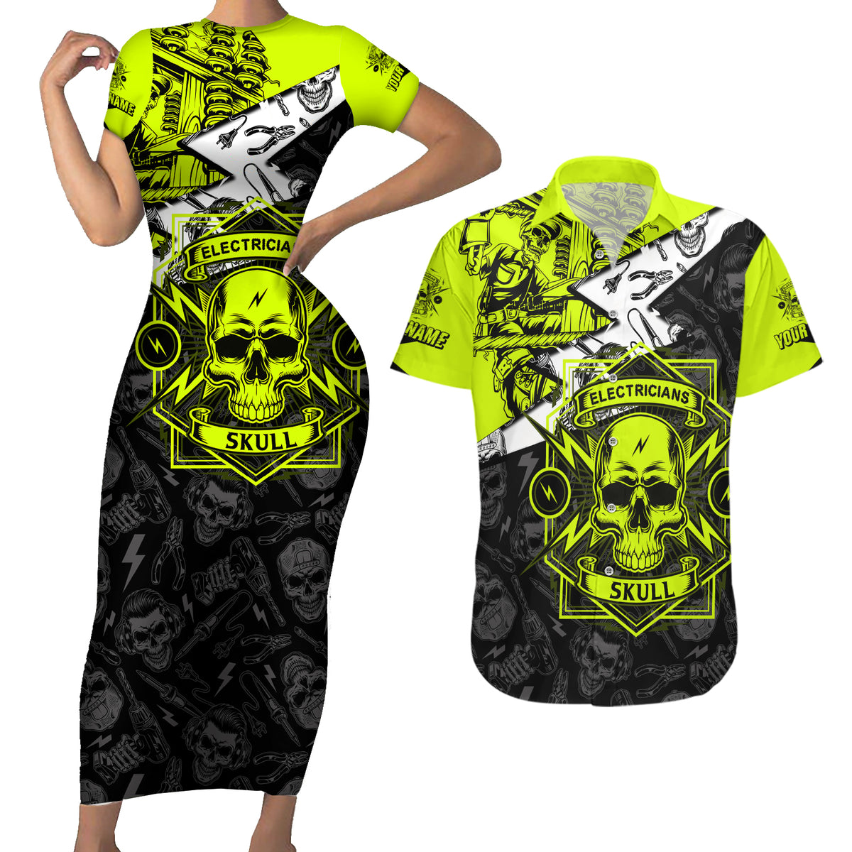 Personalised Electricians Skull Couples Matching Short Sleeve Bodycon Dress and Hawaiian Shirt - Wonder Print Shop
