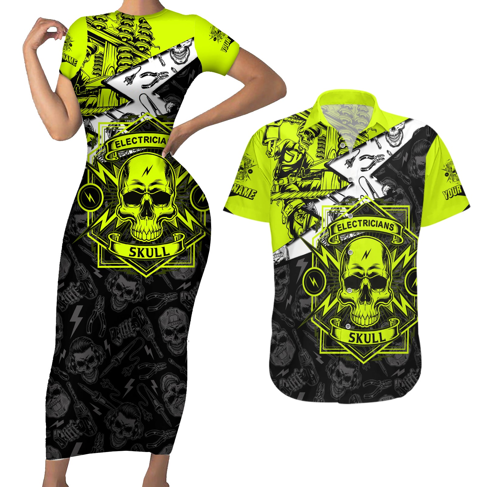 Personalised Electricians Skull Couples Matching Short Sleeve Bodycon Dress and Hawaiian Shirt - Wonder Print Shop