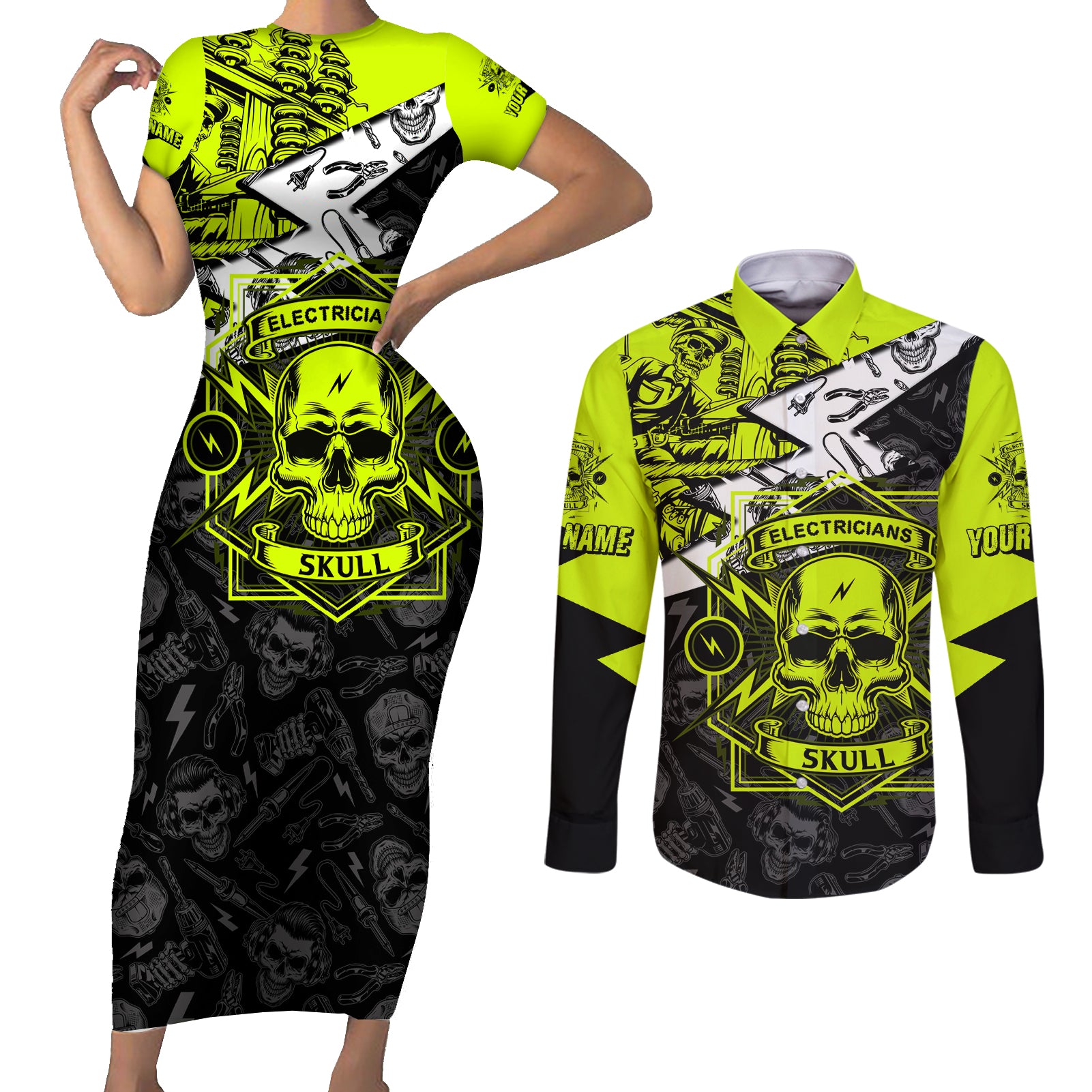 Personalised Electricians Skull Couples Matching Short Sleeve Bodycon Dress and Long Sleeve Button Shirts - Wonder Print Shop