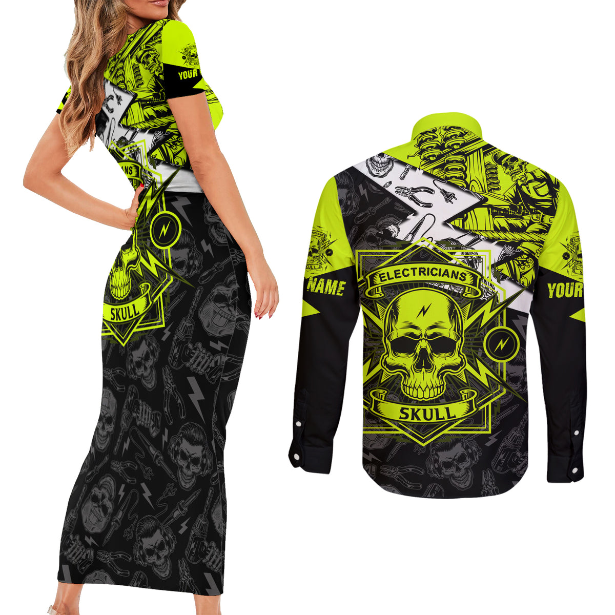 Personalised Electricians Skull Couples Matching Short Sleeve Bodycon Dress and Long Sleeve Button Shirts - Wonder Print Shop