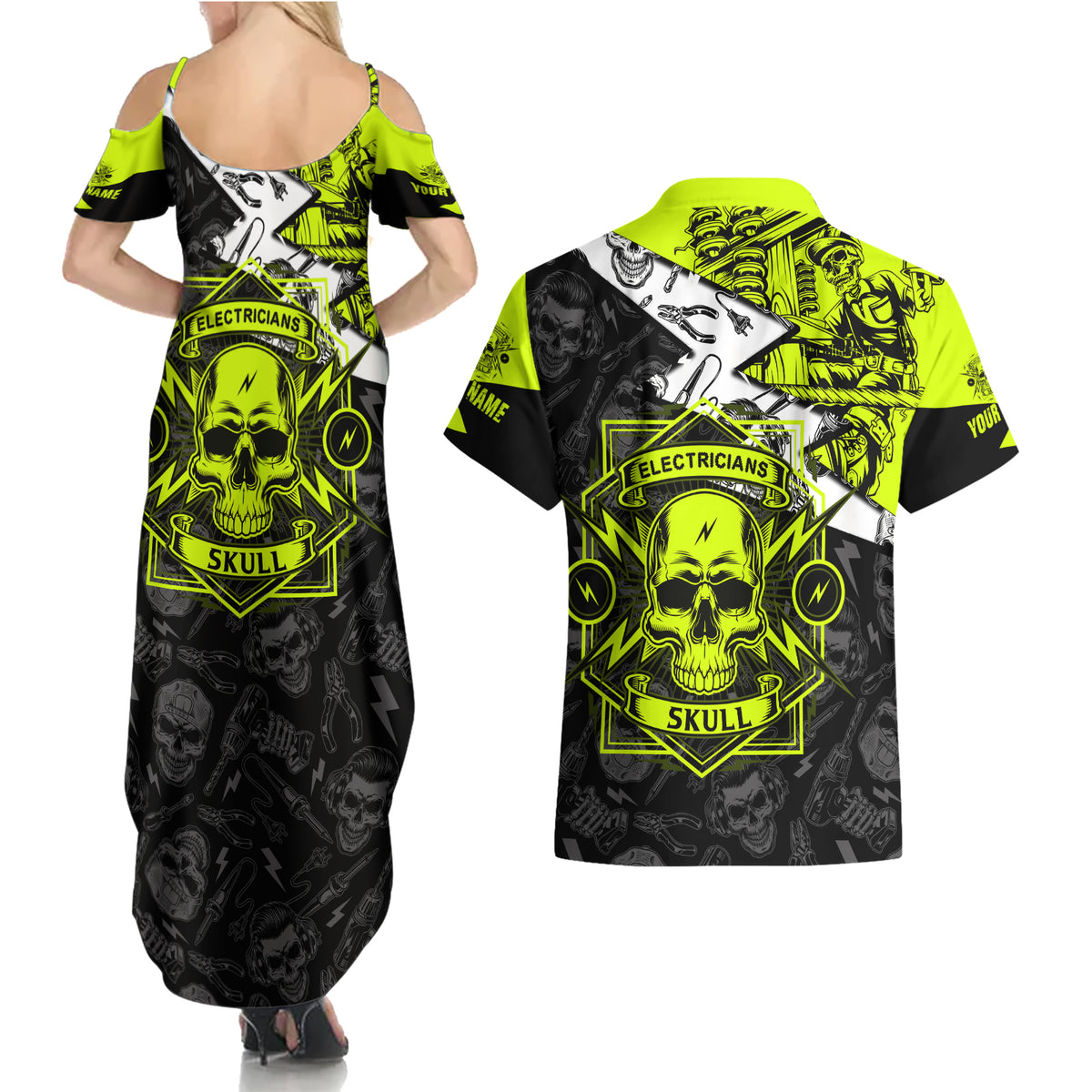 Personalised Electricians Skull Couples Matching Summer Maxi Dress and Hawaiian Shirt - Wonder Print Shop