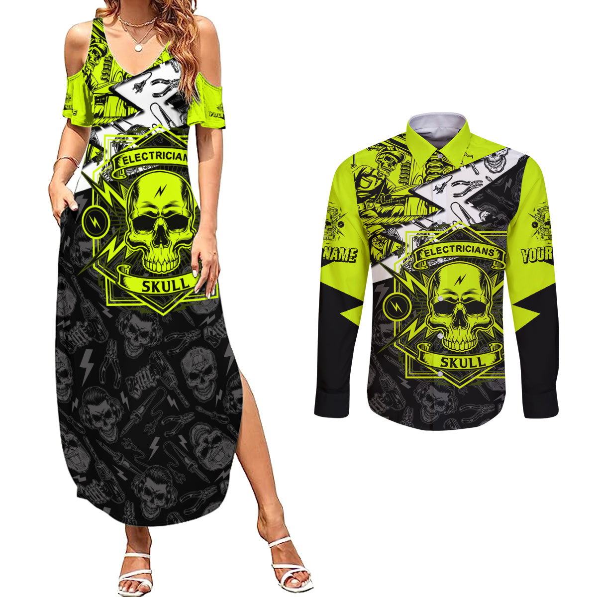Personalised Electricians Skull Couples Matching Summer Maxi Dress and Long Sleeve Button Shirts - Wonder Print Shop