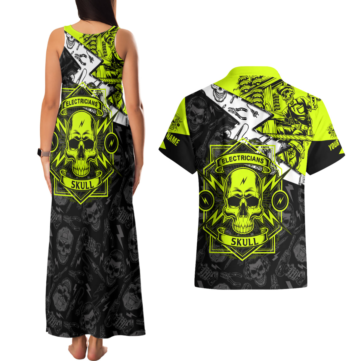 Personalised Electricians Skull Couples Matching Tank Maxi Dress and Hawaiian Shirt - Wonder Print Shop