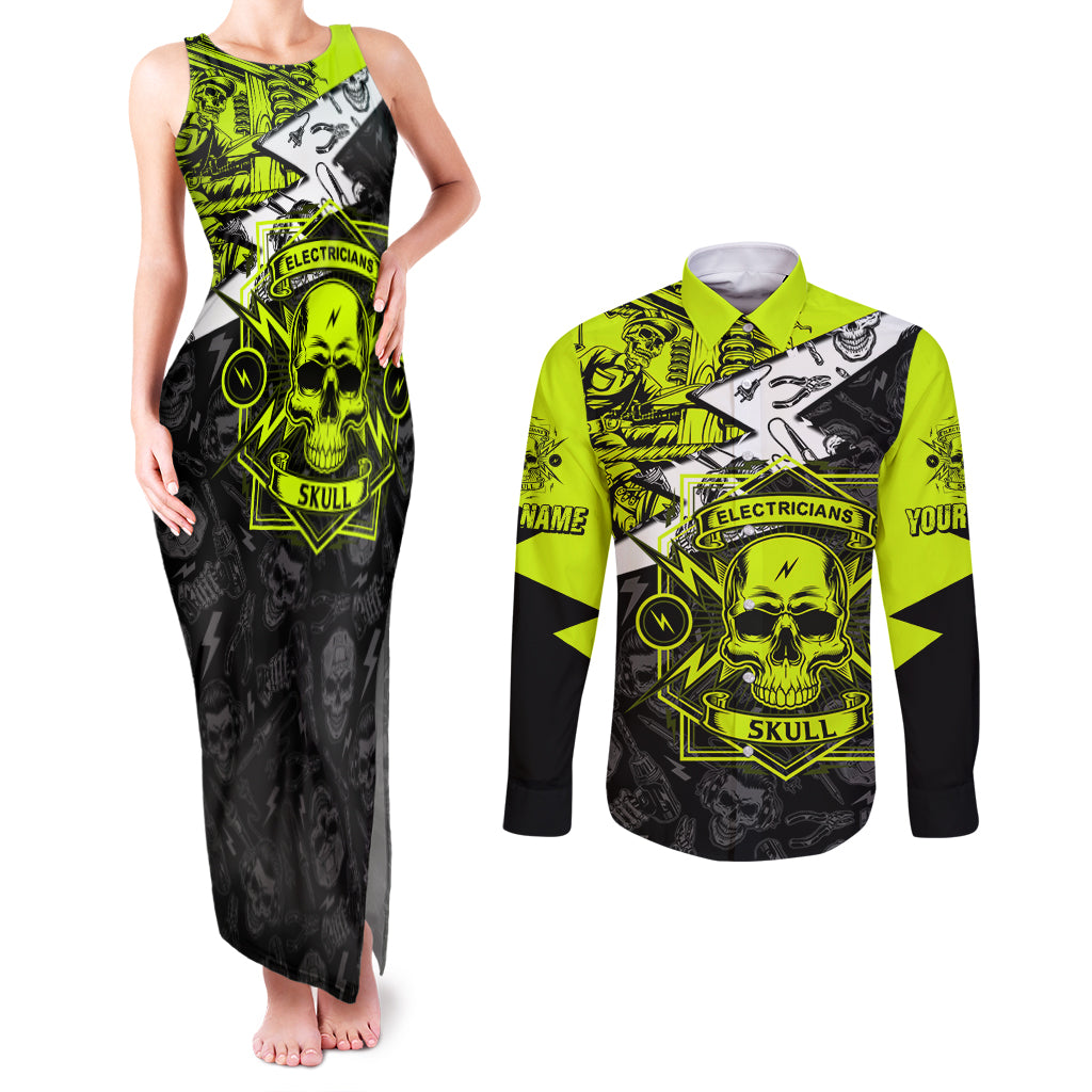 Personalised Electricians Skull Couples Matching Tank Maxi Dress and Long Sleeve Button Shirts - Wonder Print Shop