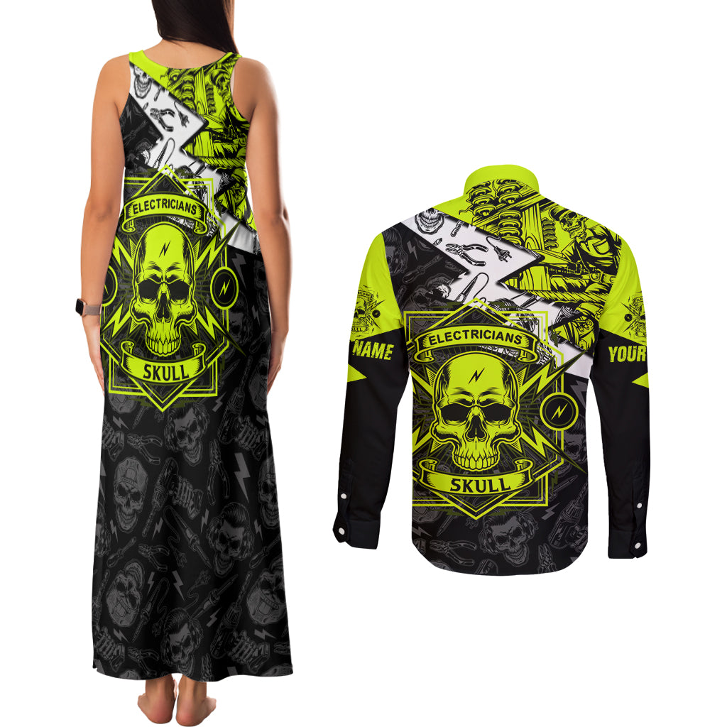 Personalised Electricians Skull Couples Matching Tank Maxi Dress and Long Sleeve Button Shirts - Wonder Print Shop