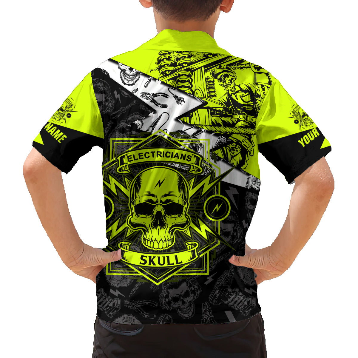 Personalised Electricians Skull Family Matching Long Sleeve Bodycon Dress and Hawaiian Shirt - Wonder Print Shop