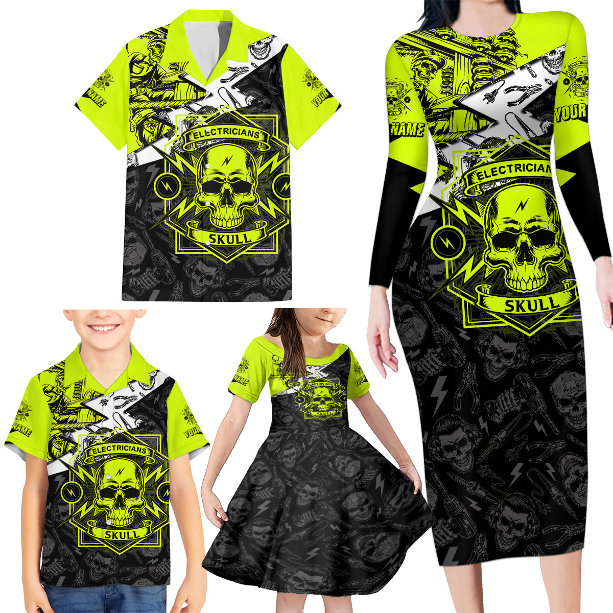 Personalised Electricians Skull Family Matching Long Sleeve Bodycon Dress and Hawaiian Shirt - Wonder Print Shop