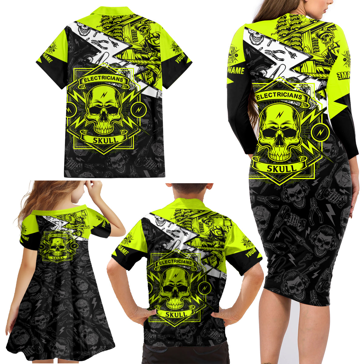 Personalised Electricians Skull Family Matching Long Sleeve Bodycon Dress and Hawaiian Shirt - Wonder Print Shop