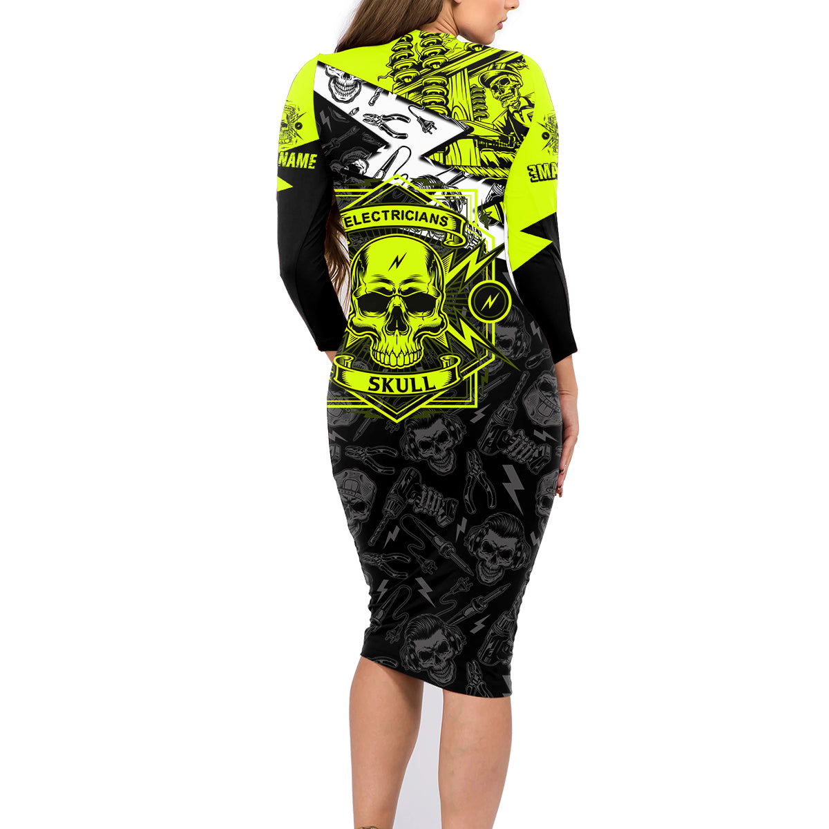 Personalised Electricians Skull Family Matching Long Sleeve Bodycon Dress and Hawaiian Shirt - Wonder Print Shop