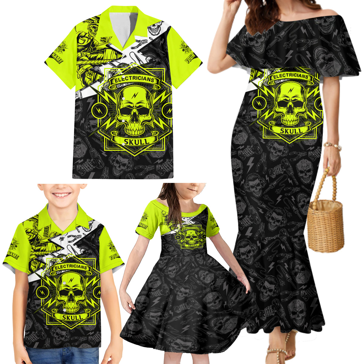 Personalised Electricians Skull Family Matching Mermaid Dress and Hawaiian Shirt - Wonder Print Shop