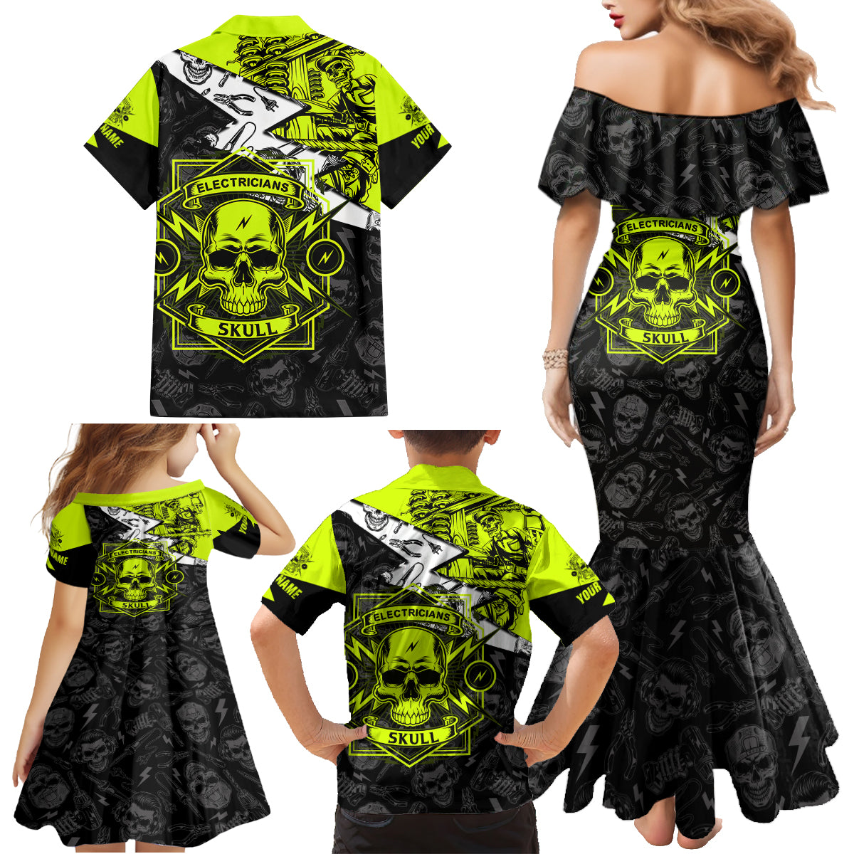 Personalised Electricians Skull Family Matching Mermaid Dress and Hawaiian Shirt - Wonder Print Shop