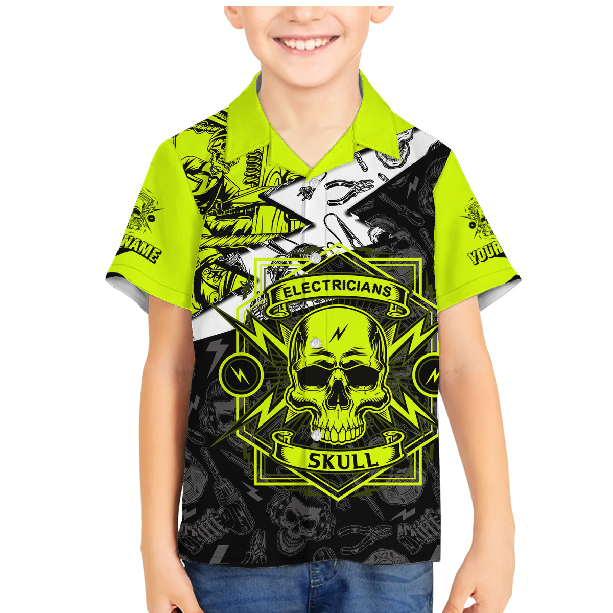 Personalised Electricians Skull Family Matching Mermaid Dress and Hawaiian Shirt - Wonder Print Shop