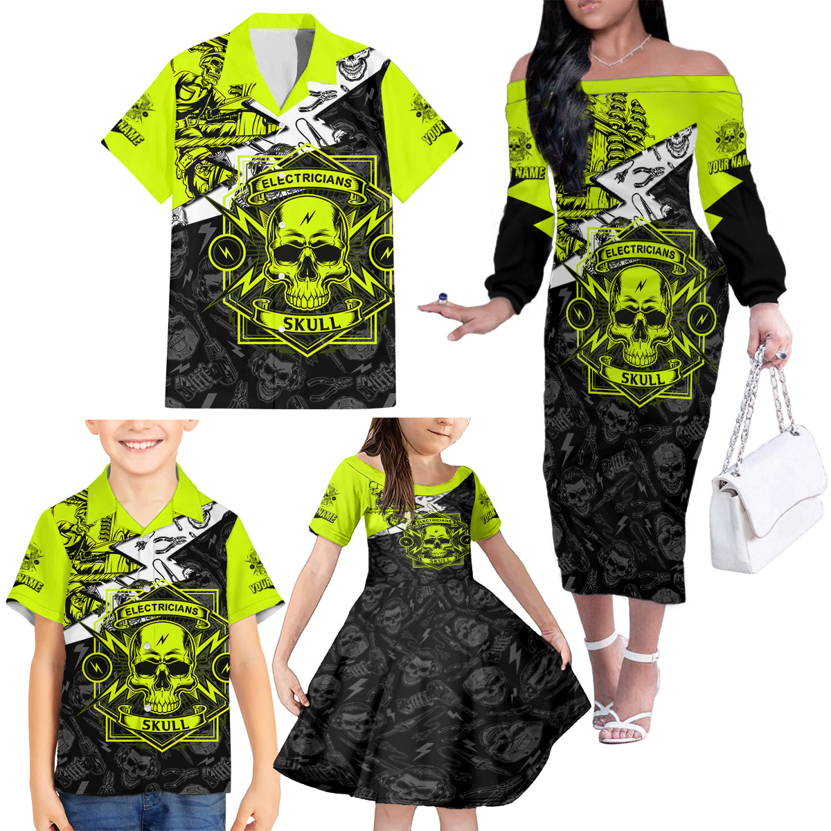 Personalised Electricians Skull Family Matching Off Shoulder Long Sleeve Dress and Hawaiian Shirt - Wonder Print Shop