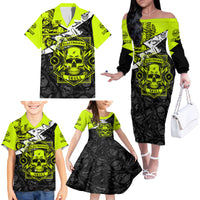Personalised Electricians Skull Family Matching Off Shoulder Long Sleeve Dress and Hawaiian Shirt - Wonder Print Shop