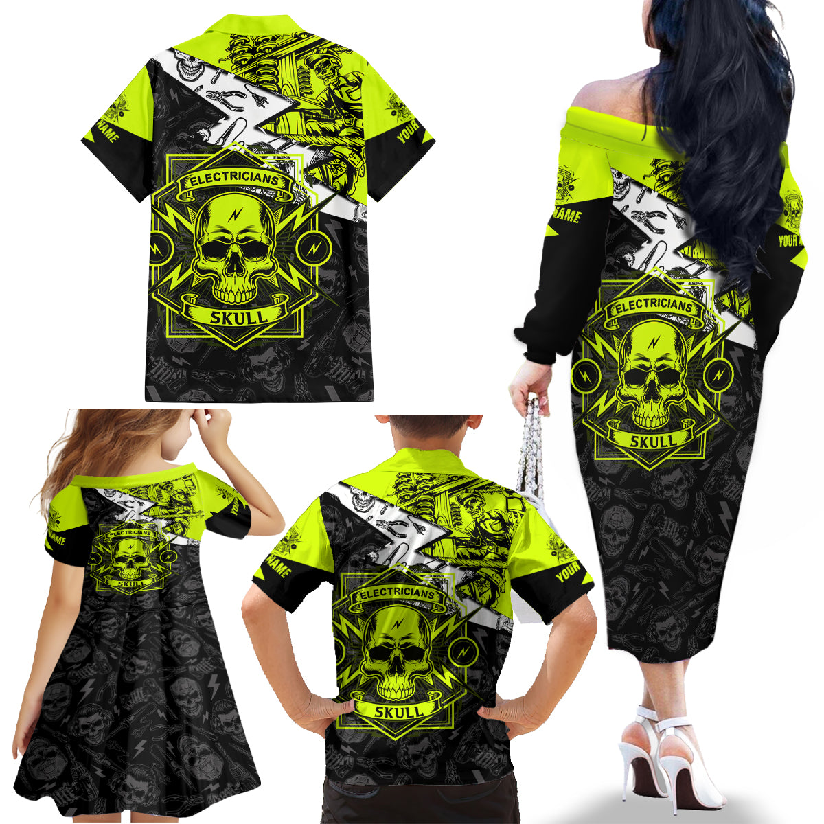 Personalised Electricians Skull Family Matching Off Shoulder Long Sleeve Dress and Hawaiian Shirt - Wonder Print Shop