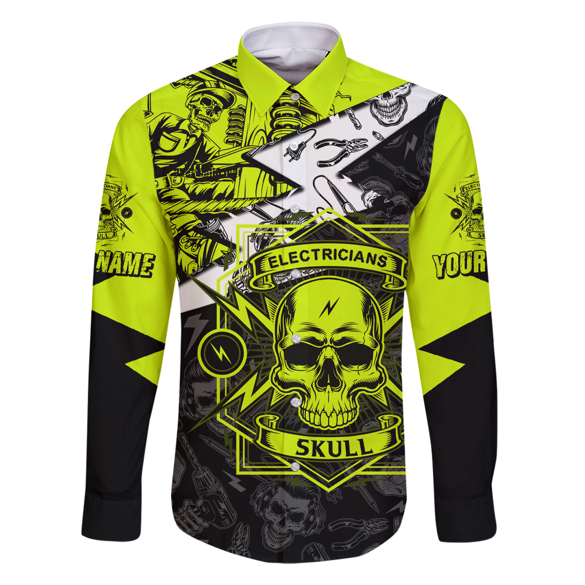 Personalised Electricians Skull Family Matching Off Shoulder Long Sleeve Dress and Hawaiian Shirt - Wonder Print Shop