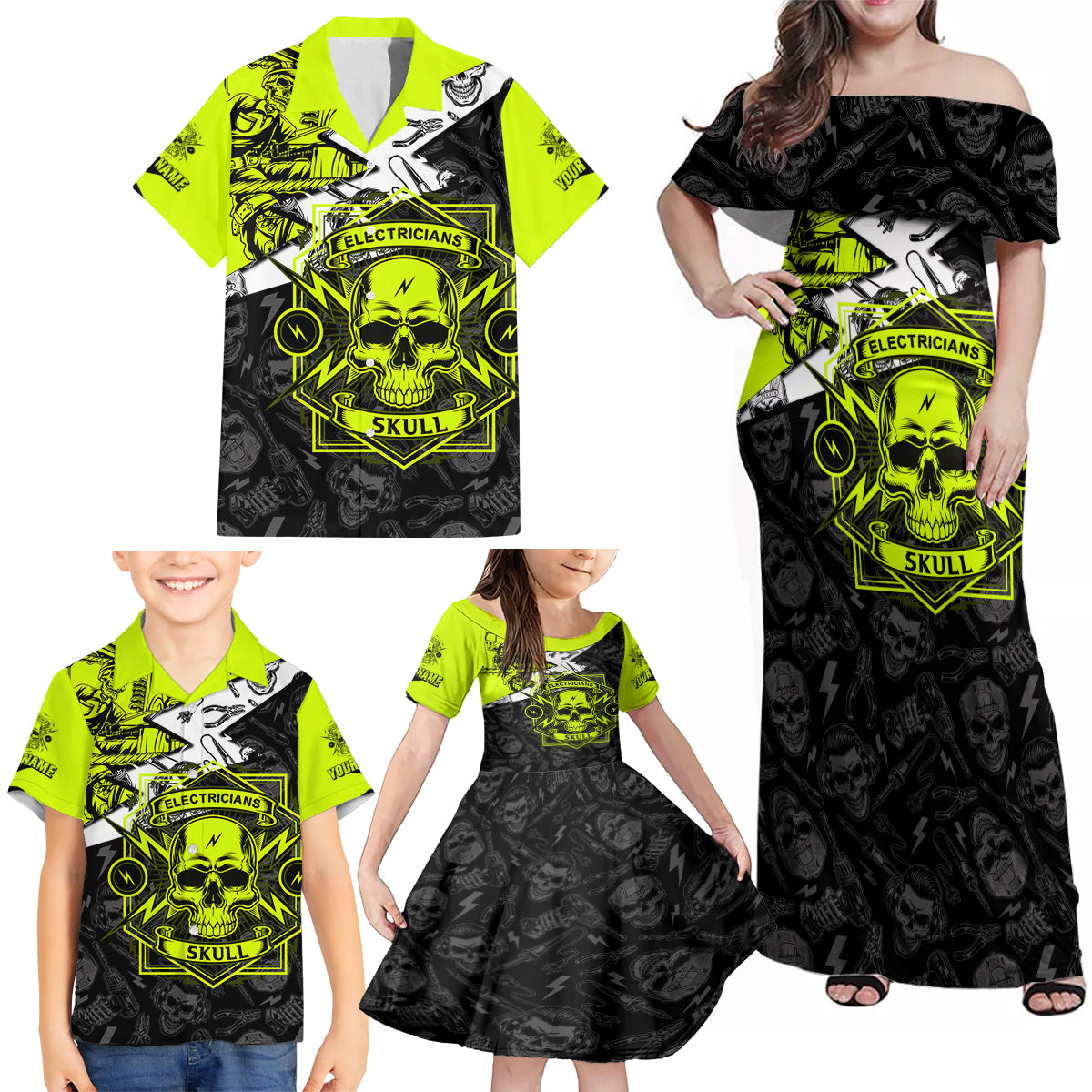 Personalised Electricians Skull Family Matching Off Shoulder Maxi Dress and Hawaiian Shirt - Wonder Print Shop