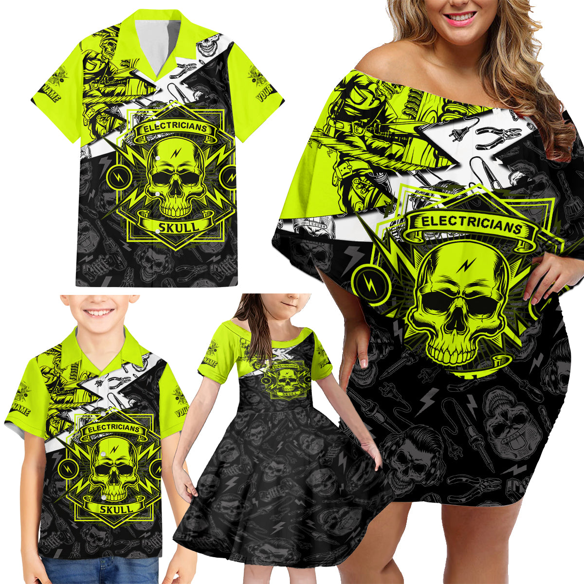 Personalised Electricians Skull Family Matching Off Shoulder Short Dress and Hawaiian Shirt - Wonder Print Shop