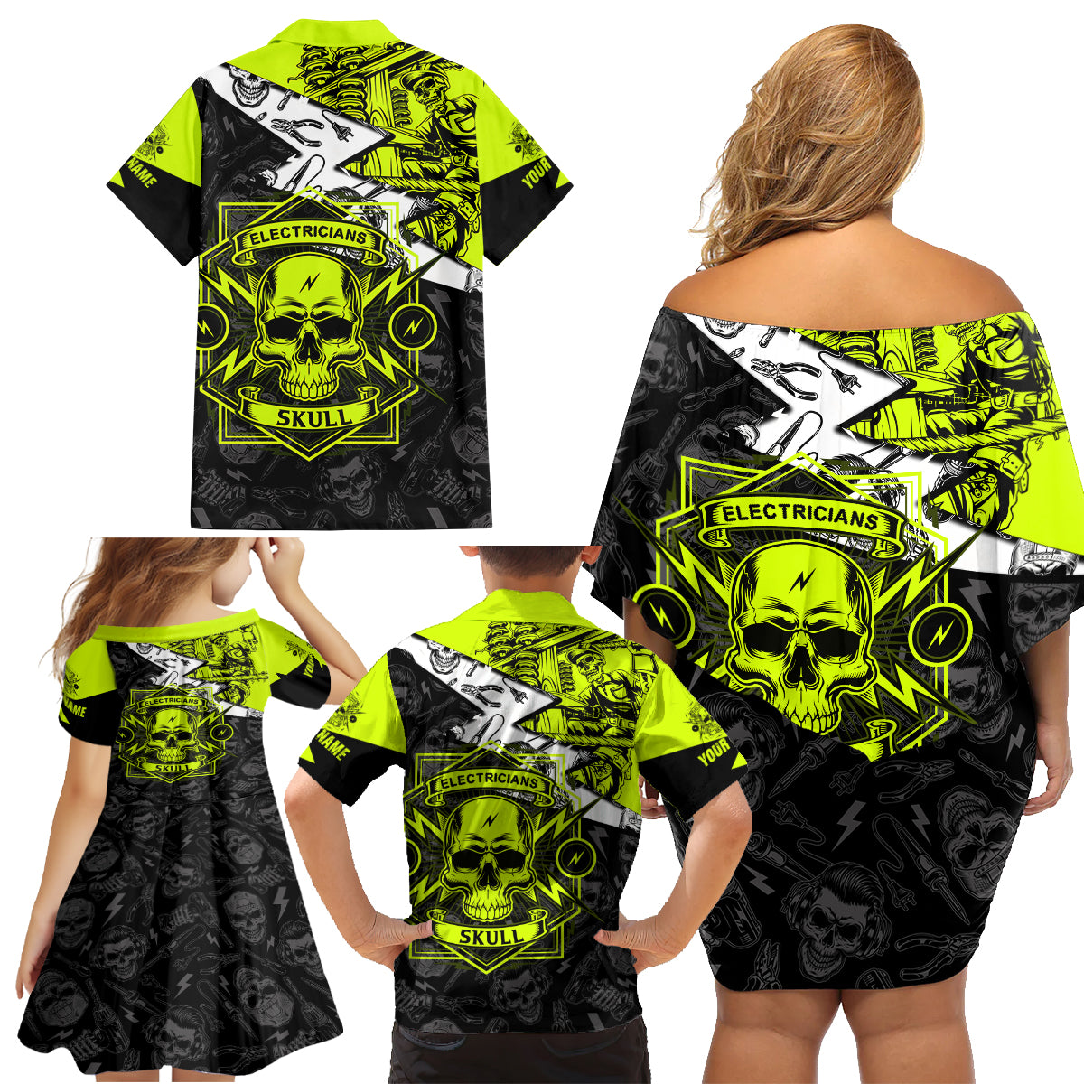 Personalised Electricians Skull Family Matching Off Shoulder Short Dress and Hawaiian Shirt - Wonder Print Shop