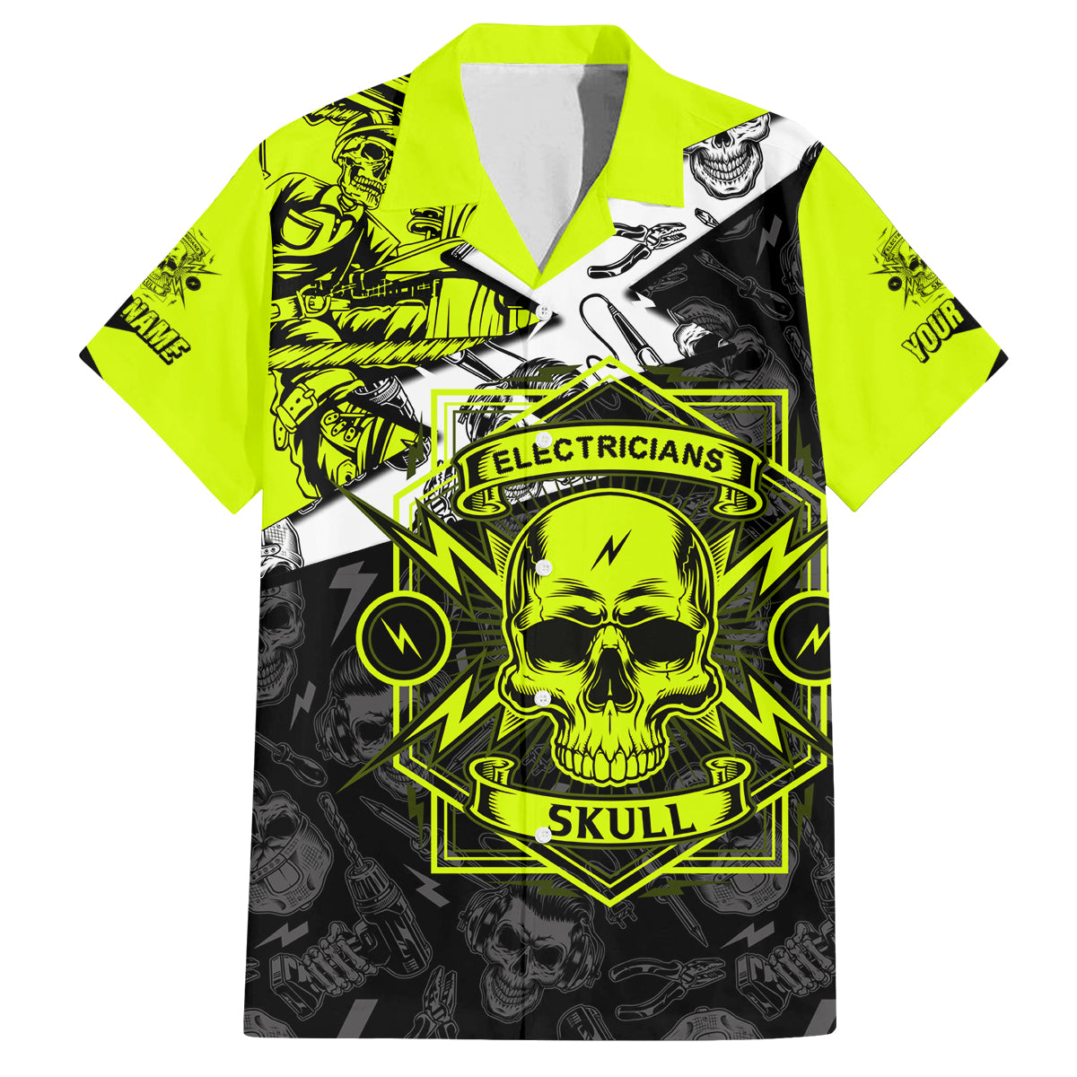 Personalised Electricians Skull Family Matching Off Shoulder Short Dress and Hawaiian Shirt - Wonder Print Shop